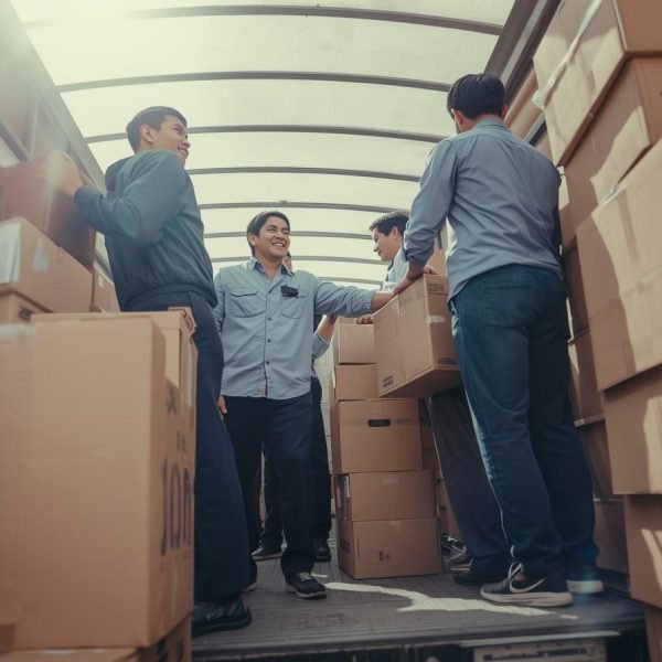 image recommandée Équipe en tenue de travail entrain de remplir un camion de débarras avec des affaire en carton